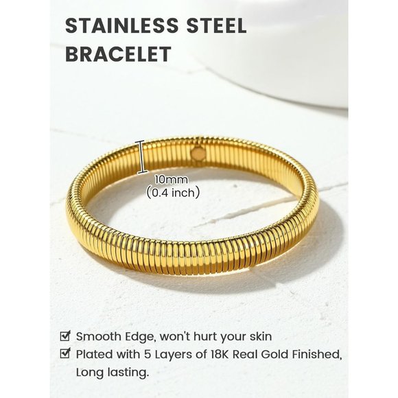 Women Gold Stainless Steel Stretch Flexible Wide Wristband Bangle Chain Bracelet - Picture 3 of 9
